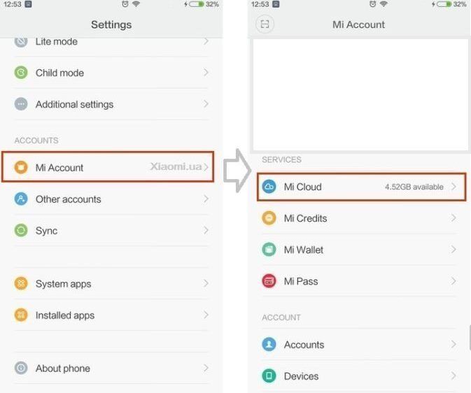 Вход в Mi Cloud через Mi аккаунт на Xiaomi