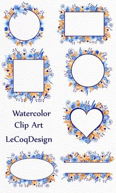 Blue Gold Floral frames clipart: "WATERCOLOR CLIPART" Wedding invitation Floral frames DIY wedding B Diy Invitations, Floral Wedding Invitations, Apple Logo Wallpaper Iphone, Blue Nose Friends, Wedding Bridal