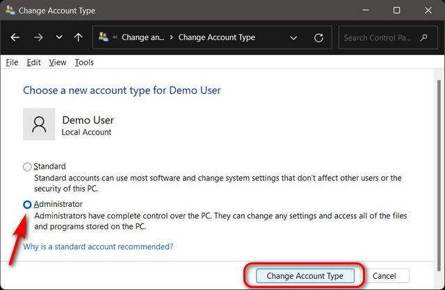 Измените тип учетной записи со стандартной на административную через панель управления в Windows 11