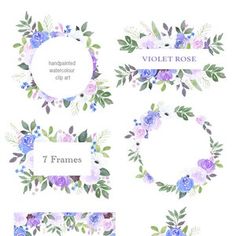 Acuarela Floral Clip Art Rosa y púrpura rosa flor marcos | Etsy Thistle Flower, Rose Flower, Purple Roses, White Roses, Pink, Floral Watercolor, Wedding Invitation Templates, Wedding Invitations