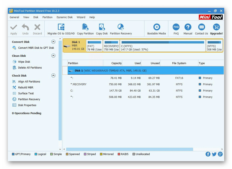 Использование программы MiniTool Partition Wizard для переноса Windows на SSD