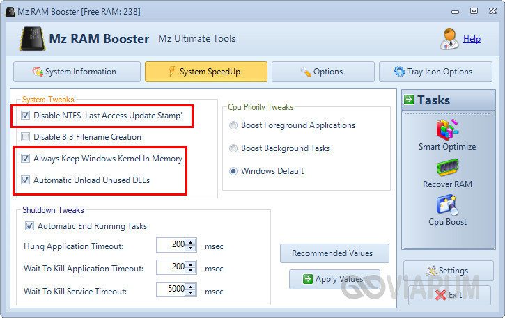 Mz RAM Booster системные настройки