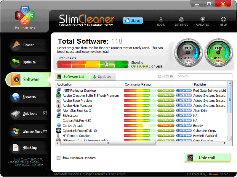 Рейтинги программ в SlimCleaner