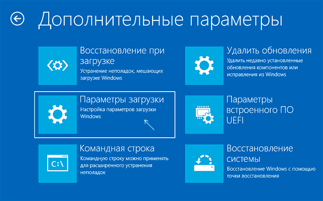 Параметры загрузки в среде восстановления Windows 10