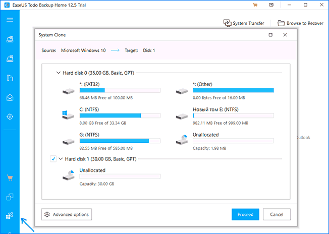 Клонирование системы в EaseUS ToDo Backup Free