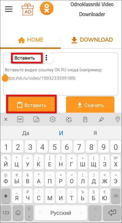 вставка ссылки в Odnoklassniki Video Downloader